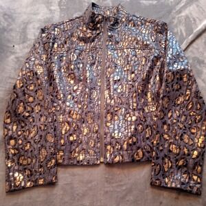 Linear Metallic Cheetah Print Vintage Zip Up Gray Jacket Size Medium Petite